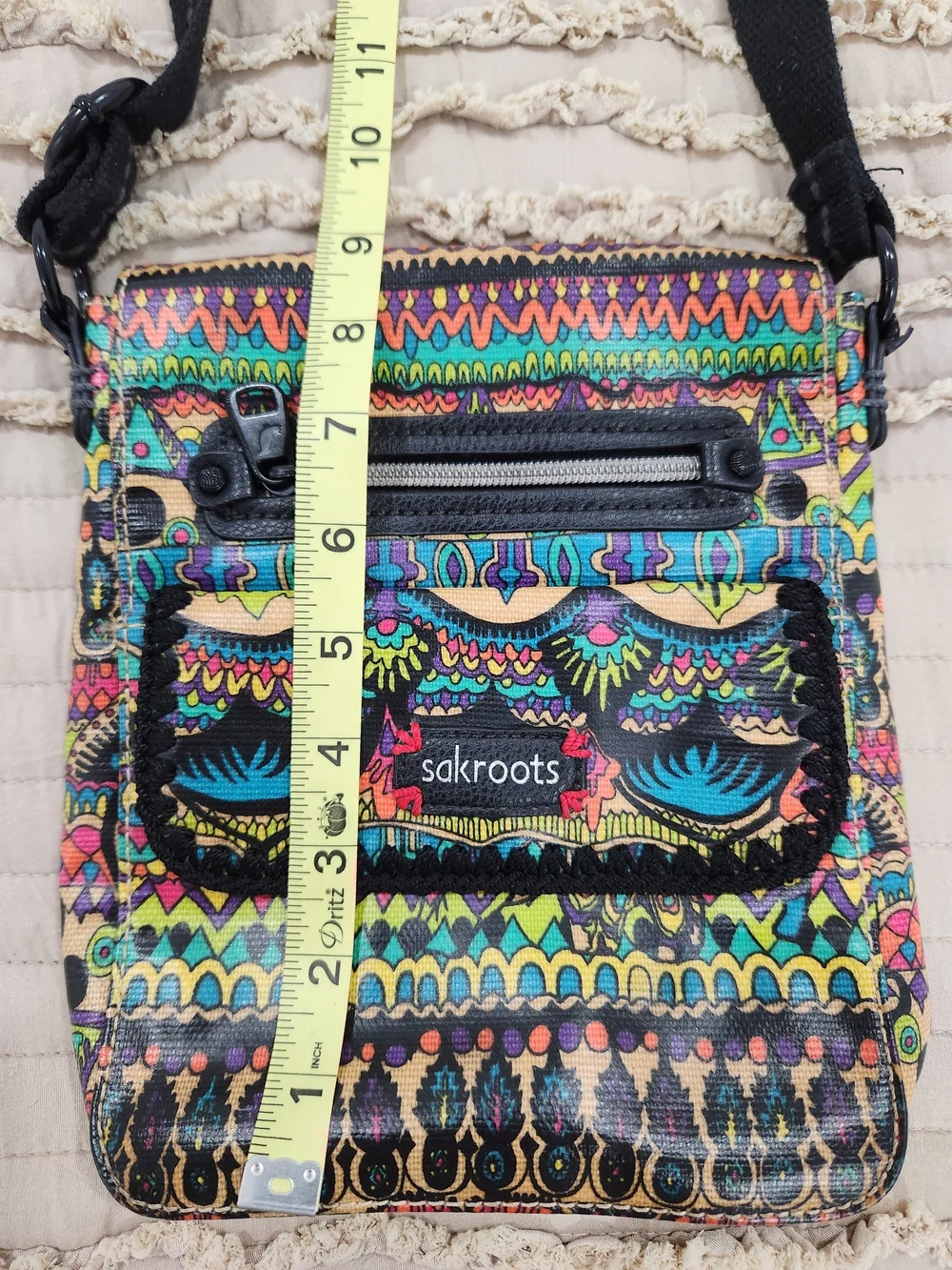 Sakroots Vibrant Multi-Pattern Crossbody — Teal, Yellow, Pink, Blue